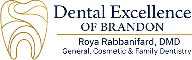 The image shows a logo with text that reads  DENTAL EXCELLENCE OF BRANDON  above a graphic of an open book and below,  Royalty Realty . To the right, there s a stylized tooth with a crown on top.