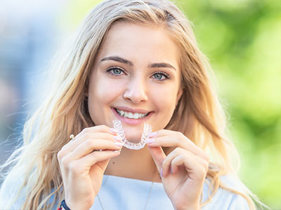 The image shows a young woman with braces smiling at the camera while holding an object between her teeth. She has long blonde hair, blue eyes, and is wearing a necklace. There are two identical images of her side by side.
